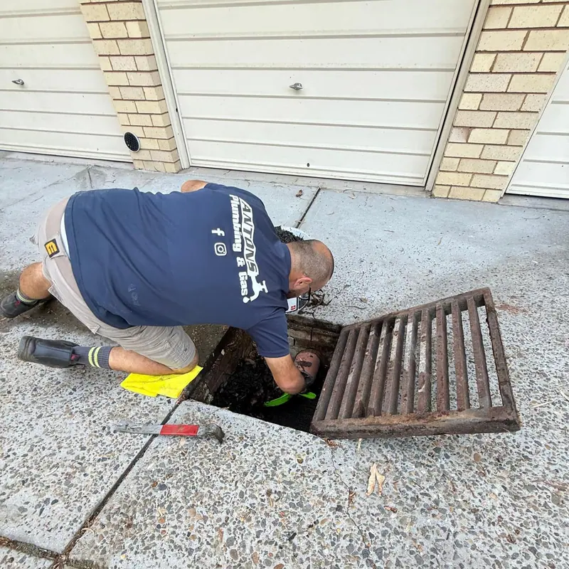 Antons plumber clearing debris from an outdoor drainage pit beside a garage